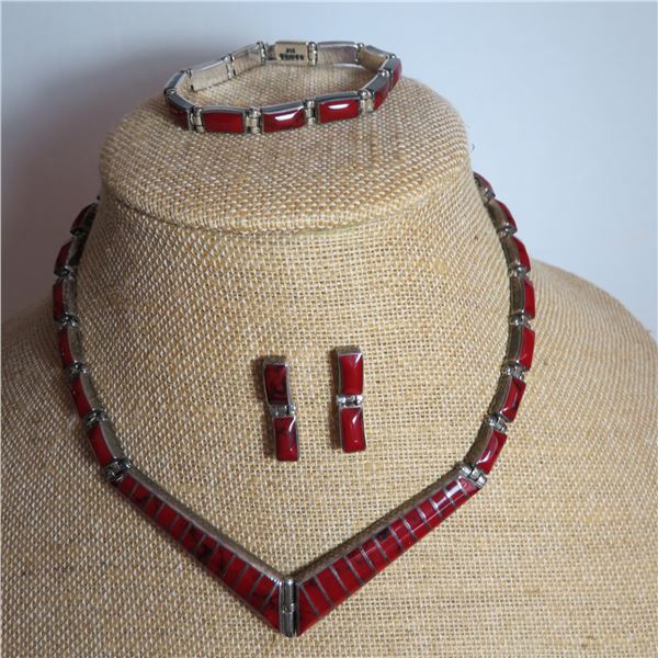 Stunning Mexican Sterling .950 and Red Jasper Necklace, bracelet & pierced earrings set