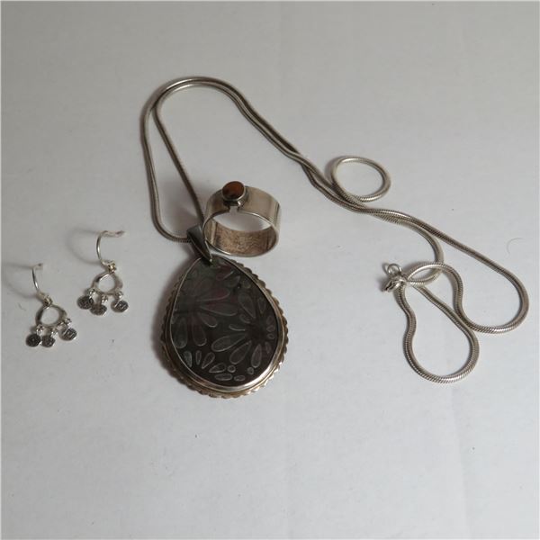 Silver Jewelery -  All marked 925.  Chain, pendant, pierced earrings and ring (approx size 8)