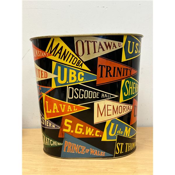Vintage Tin Metal Canadian University Pennant Flag Waste Basket - Approx: 11.5 x 11.5"
