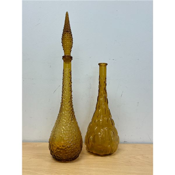 2 Mid Century Yellow/Gold Art Glass Genie Bottles & One Stopper - tallest 21.5" - see photos