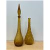 Image 1 : 2 Mid Century Yellow/Gold Art Glass Genie Bottles & One Stopper - tallest 21.5" - see photos