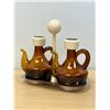 Image 1 : Mid Century Blown Glass Oil & Vinegar Bottle w/ Holder - nicely done, (bottles 4.5") see photos