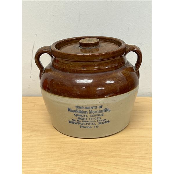 Antique Newfolden Mercantile (Minnesota) Advertising Bean Pot / Crock - see photos 7"W 6"T