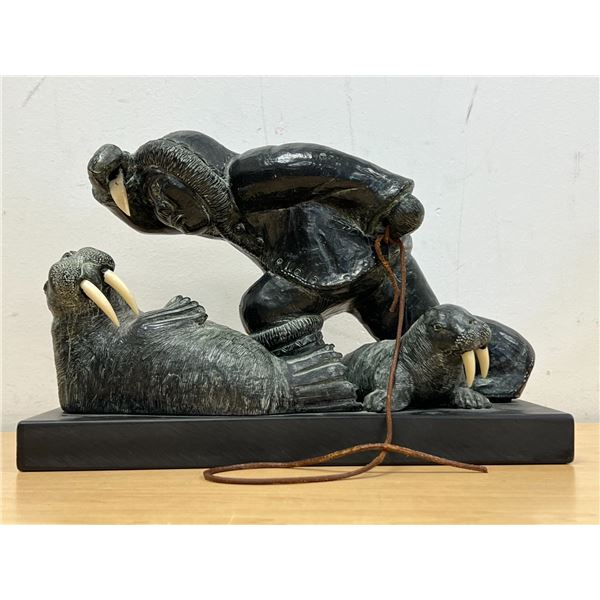 Hand Made Wolf Originals (Canada) Inuit Hunting Scene Sculpture - Larger Approx: 11x4.5" & 7.5"T