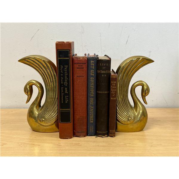 Vintage Art Deco Brass 8" Swan Book Ends & Vintage Books as pictured