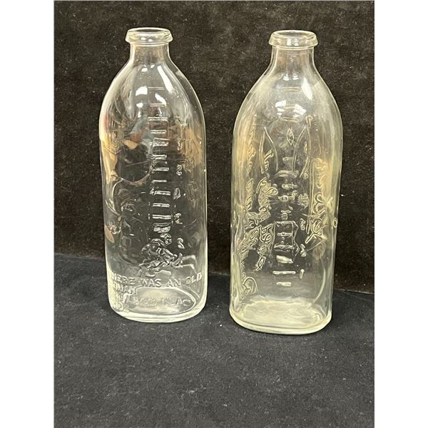 2 Vintage Embossed Glass Nursing Baby Bottles - Rabbit & Lady who Lived in shoe