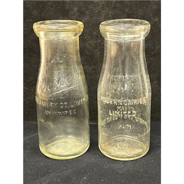 2 Vintage Embossed Winnipeg Dairy Glass Cream Bottles - Crescent & Modern Dairies 6"