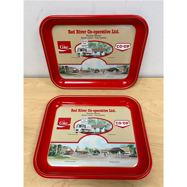 2 Vintage Coca-Cola Coke Red River Co-op Advertising Serving Trays Approx: 13.25x10.5"
