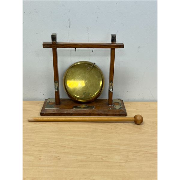 Vintage Wood Brass Dinner Gong as Pictured - Approx: 11x4" & 10"T see all photos