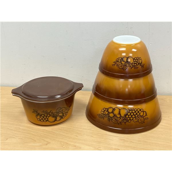 3 Pyrex Old Orchard Nesting Mixing Bowls & 1 Qt. Casserole  - Largest Bowl 2.5 Qt. - see photos