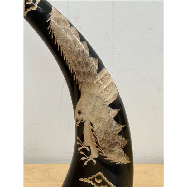 Flying Eagle Carved Horn On Wooden Base - About 12"T