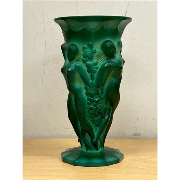 Vintage Czech Nude Art Deco Malachite Glass Vase - Approx: 8.5"T 4.5"W