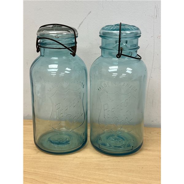 2 Vintage Aqua Blue Perfect Seal Wide 10" Mouth Canning Jars - each slightly Different