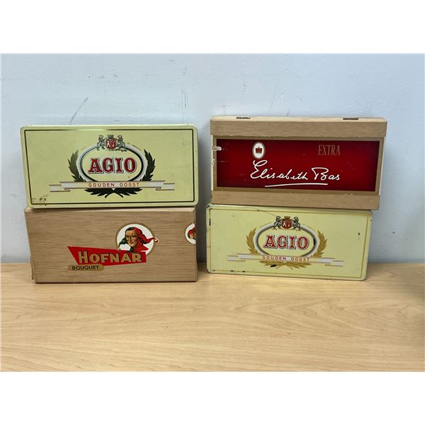 4 Vintage Metal & Wooden Cigar Boxes 5x10" - see all photos