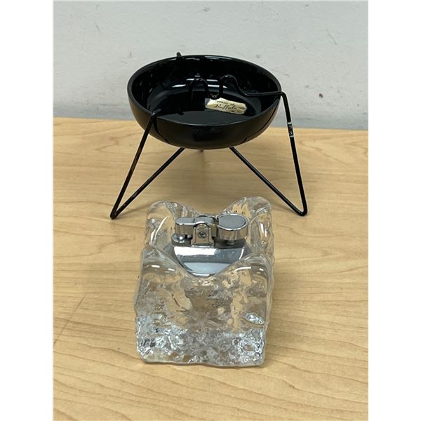 Vintage Textured Glass 2.5" Lighter & Ceramic 3.5" Ashtray on wire Base