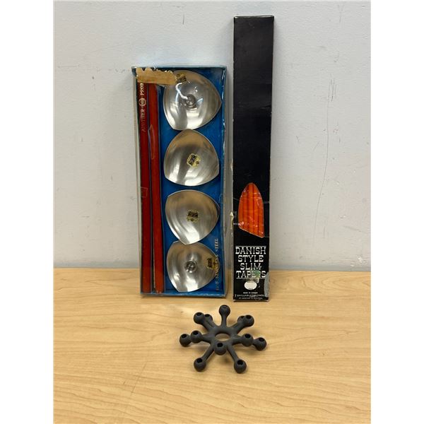 Dansk Taper Candle Holder with Candles & Stainless Candle Holder / Ashtray Set