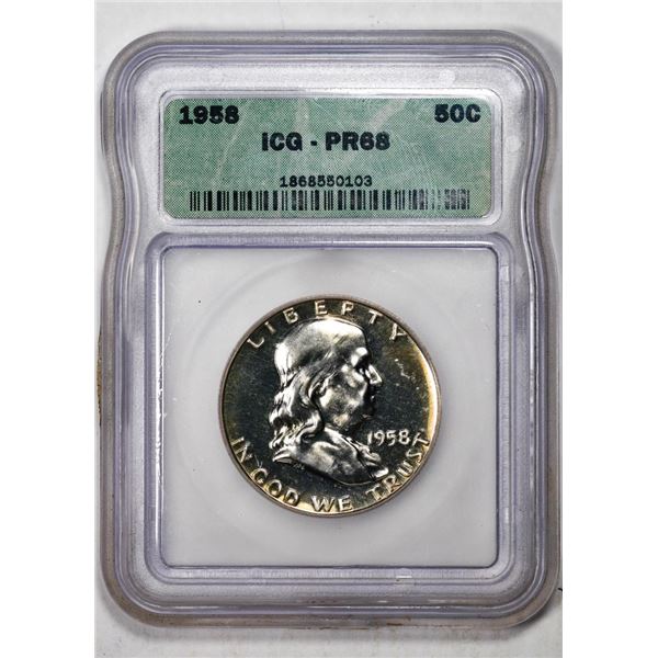 1958 Proof Franklin Half Dollar Coin ICG PR68