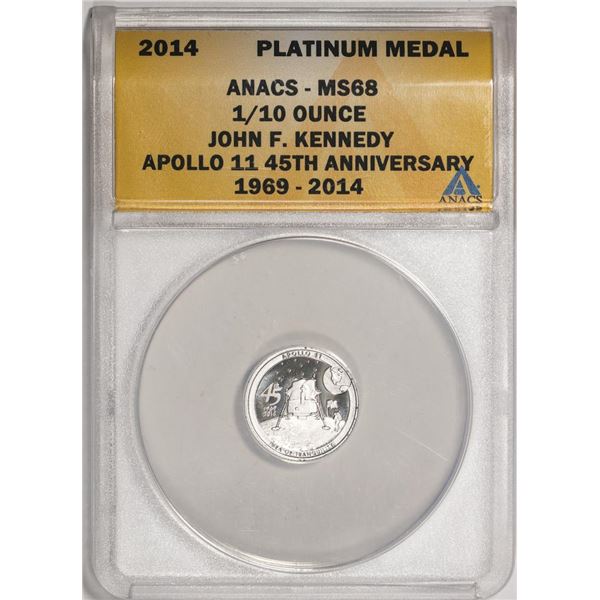 2014 Proof 1/10 oz Platinum JFK Apollo 11 Anniversary Medal ANACS MS68
