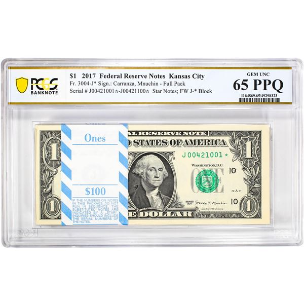Pack of 2017 $1 Federal Reserve STAR Notes Kansas City Fr.3004-J* PCGS Gem UNC 65PPQ