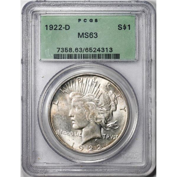 1922-D $1 Peace Silver Dollar Coin PCGS MS63 Old Green Holder