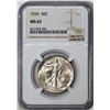 Image 1 : 1934 Walking Liberty Half Dollar Coin NGC MS62