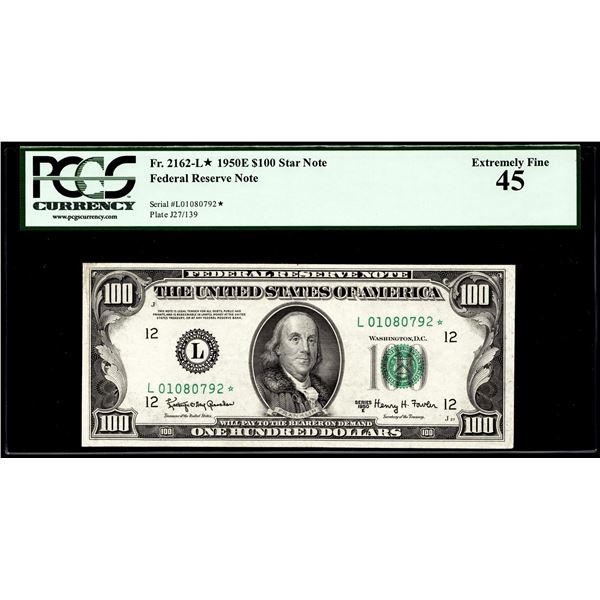 1950E $100 Federal Reserve STAR Note San Francisco Fr.2162-L* PCGS Extremely Fine 45