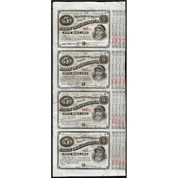 Uncut Sheet of (4) State of Louisiana Baby Bond Obsolete Notes
