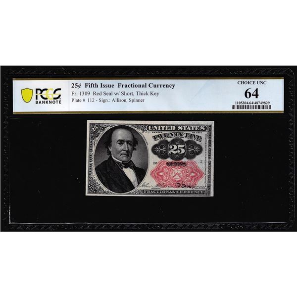 1874 Fifth Issue Twenty-Five Cents Fractional Currency Note Fr.1309 PCGS Choice Unc 64
