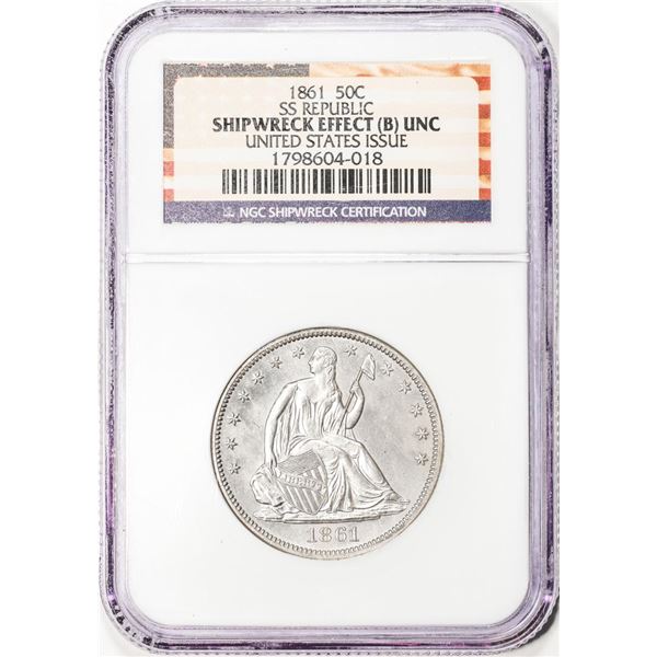 1861 U.S. Issue SS Republic Seated Liberty Half Dollar Coin NGC Shipwreck Effect UNC