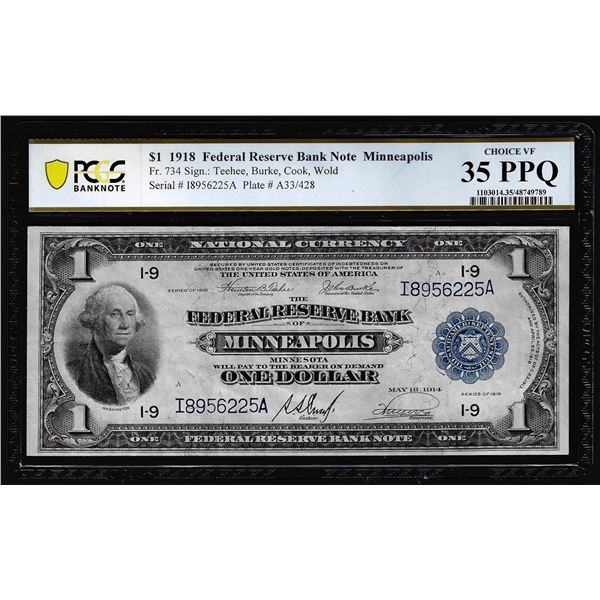 1918 $1 Federal Reserve Bank Note Minneapolis Fr.734 PCGS Choice VF 35PPQ