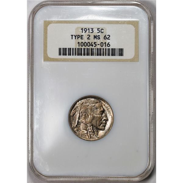 1913 Type 2 Buffalo Nickel Coin NGC MS62 Old Fatty Holder Toned