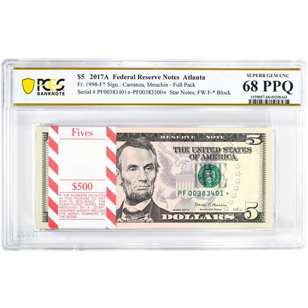 Pack 2017A $5 Federal Reserve STAR Notes Atlanta Fr.1998-F* PCGS Superb Gem UNC 68PPQ
