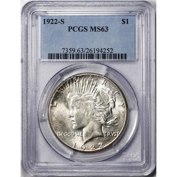1922-S $1 Peace Silver Dollar Coin PCGS MS63