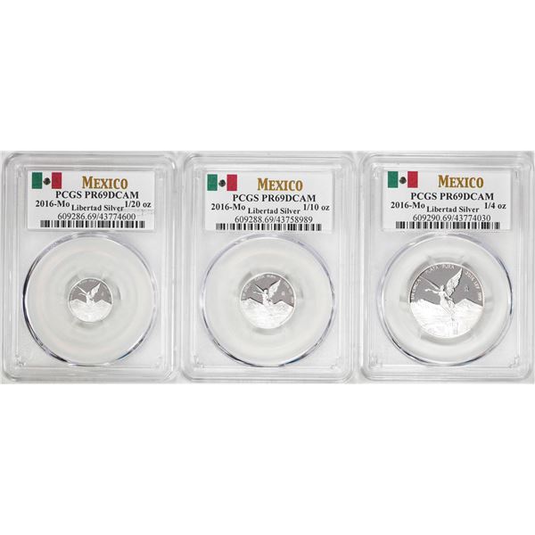 Lot of 2016-Mo Mexico Proof 1/20, 1/10 and 1/4 oz Silver Libertad Coins PCGS PR69DCAM