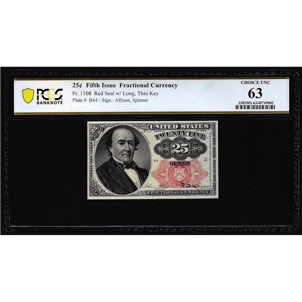 1874 Fifth Issue Twenty-Five Cents Fractional Currency Note Fr.1308 PCGS Choice Unc 63
