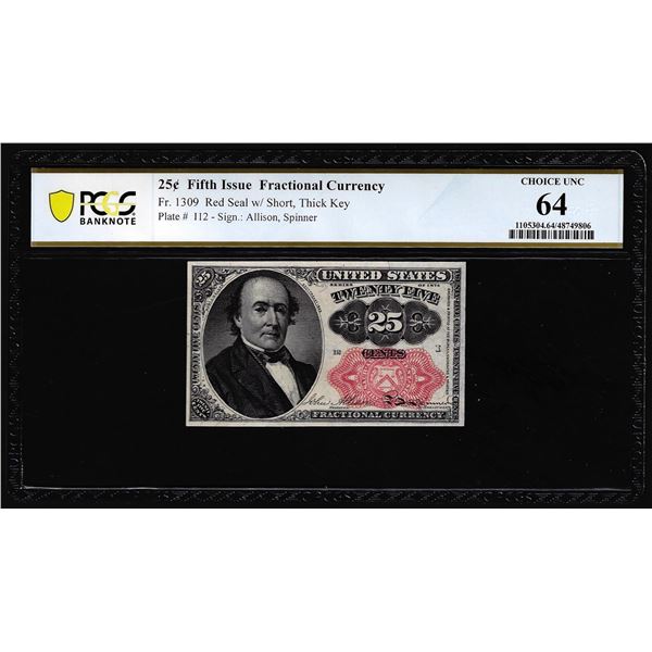 1874 Fifth Issue Twenty-Five Cents Fractional Currency Note Fr.1309 PCGS Choice Unc 64