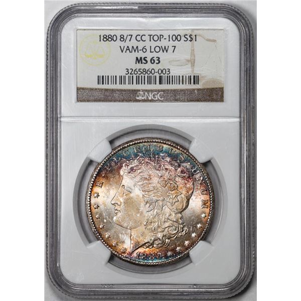 1880 8/7 CC Top-100 Vam-6 Low 7 $1 Morgan Silver Dollar Coin NGC MS63 Amazing Toning