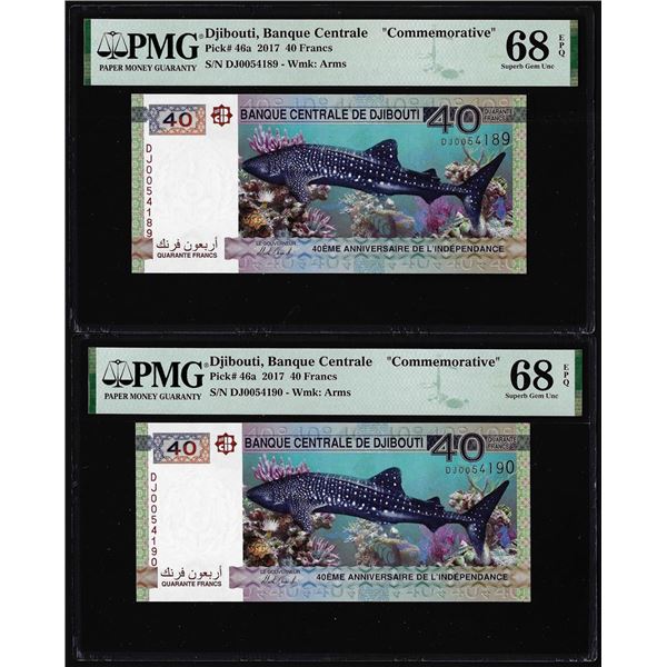 (2) Consecutive 2017 Djibouti 40 Francs Bank Notes PMG Superb Gem Uncirculated 68EPQ