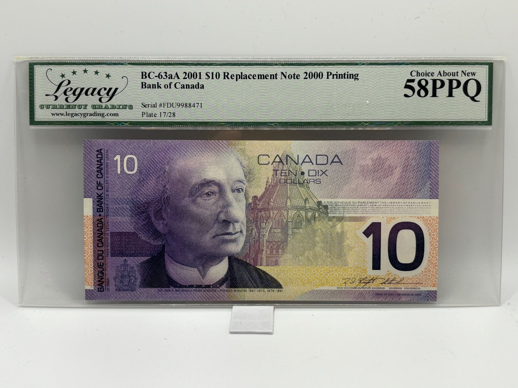 2000 $10 Bank of Canada Replacement. Legacy Graded Choice AU58PPQ