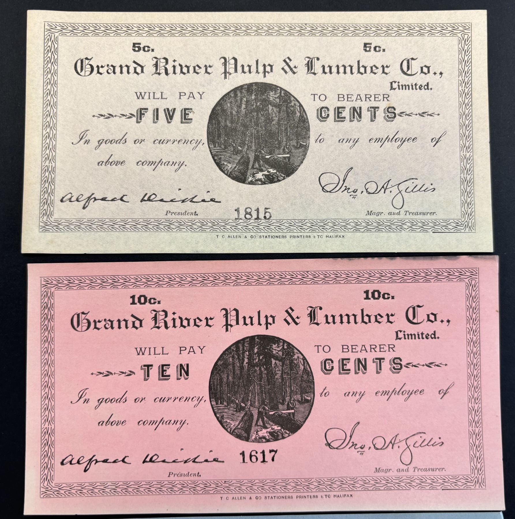 NFLD Grand River Pulp & Paper Co. Scripts. 5, 10, 25 and 50 cent as ...