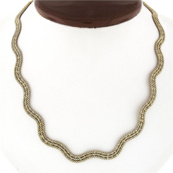Italian 14k Gold 17.5" Wavy 3 Row Popcorn Link Necklace W/ Safety Clasp Latch