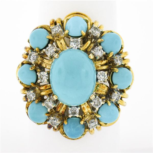 Vintage 14k Gold 0.52 ctw Cabochon Turquoise & Diamond Handmade Wire Work Ring