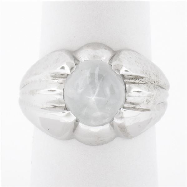 Unisex Vintage 14K Gold 5.40 ctw Oval Cabochon White Star Sapphire Domed Wide Ri
