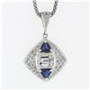 Image 2 : 14k White Gold GIA Emerald Cut Diamond & Trillion Sapphire 19" Pendant Necklace