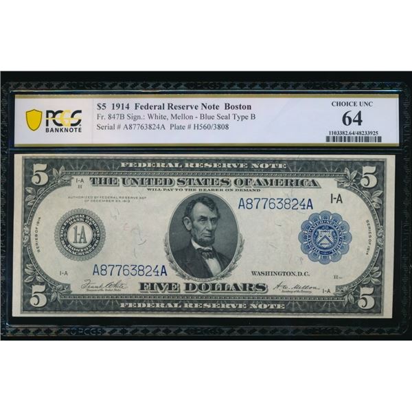 1914 $5 Boston FRN PCGS 64