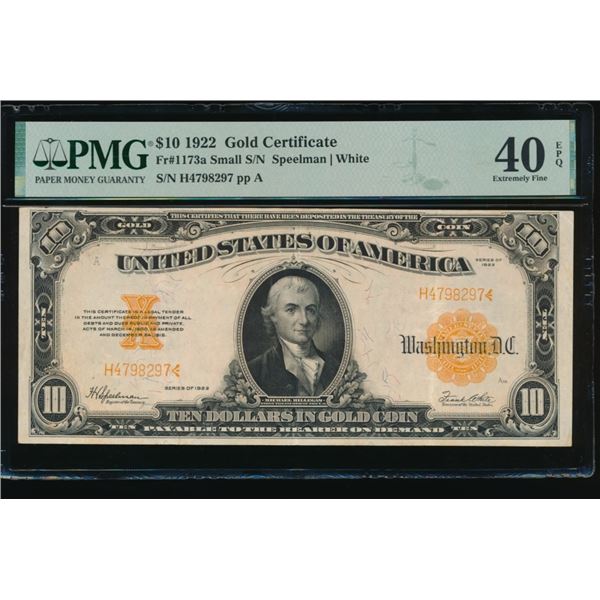 1922 $10 Gold Certificate PMG 40EPQ