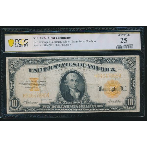 1922 $10 Gold Certificate PCGS 25