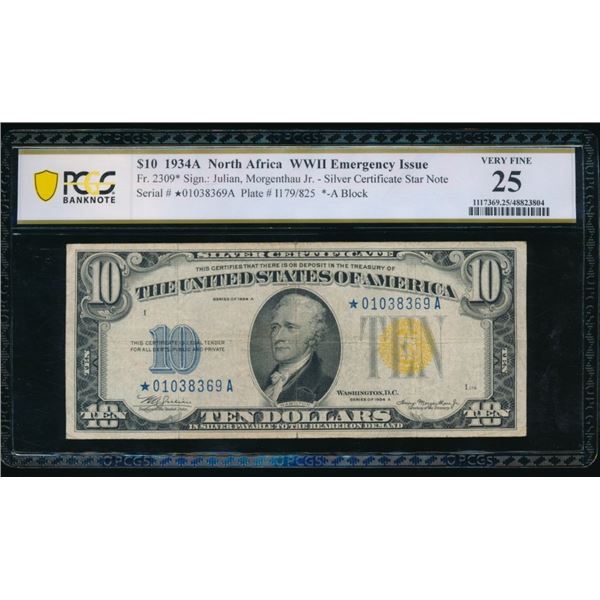 1934A $10 STAR N Africa Silver Certificate PCGS 25