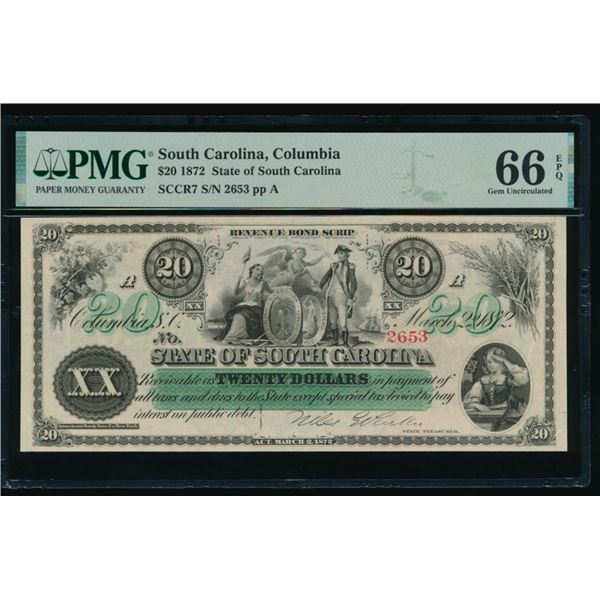 1872 $20 Columbia SC Obsolete PMG 66EPQ