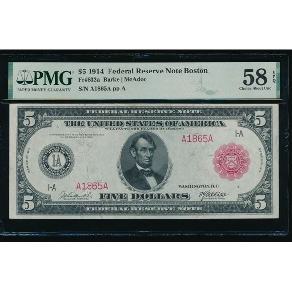 1914 $5 Red Seal Boston FRN PMG 58EPQ
